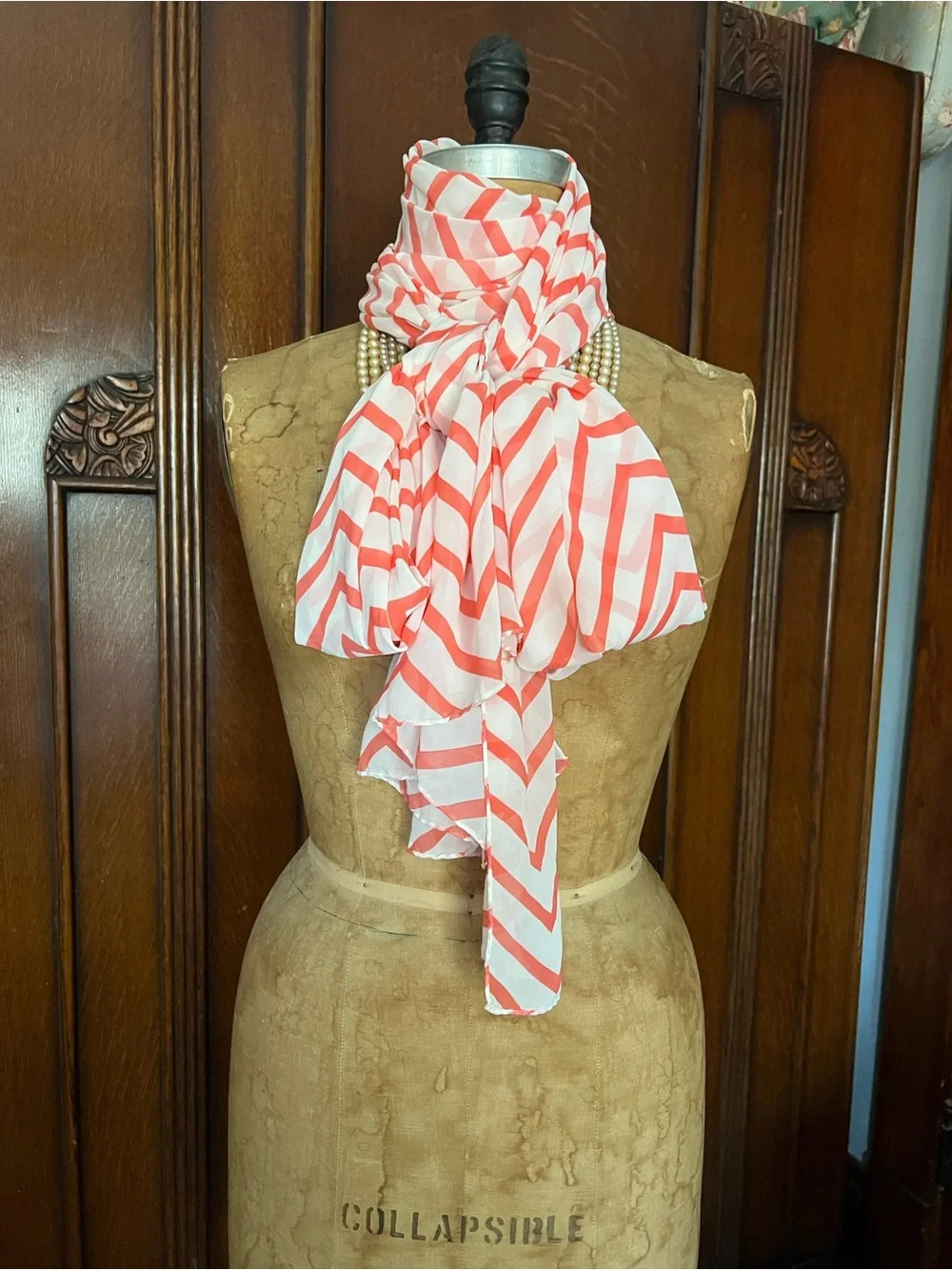 Handmade Women's Chevron Wrap Scarf Sarong Cover Up Coral & White 110”L X 28”W